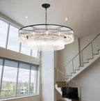 Black Glass Chandelier, Large Modern 2-Tier Glass Rod Chandelier Lighting for High Ceiling Foyer Hall Staircase, 12-Light Round Hanging Ceiling Light Fixture 39" - size: Large Black (39" x 70")