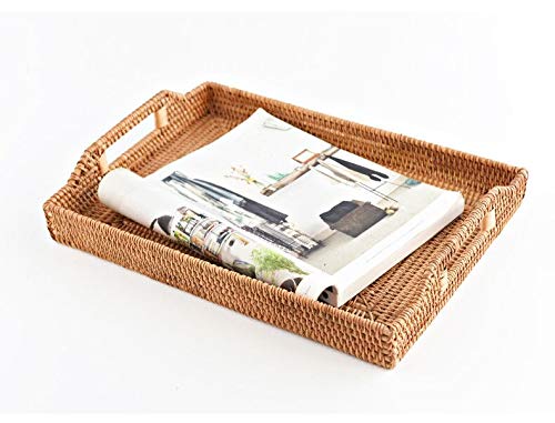 Hand-Woven Rattan Rectangular Serving Tray with Handles for Breakfast, Drinks, Snack for Coffee Table (17x11.4x1.8inches) - size: 17x11.4x1.8inches