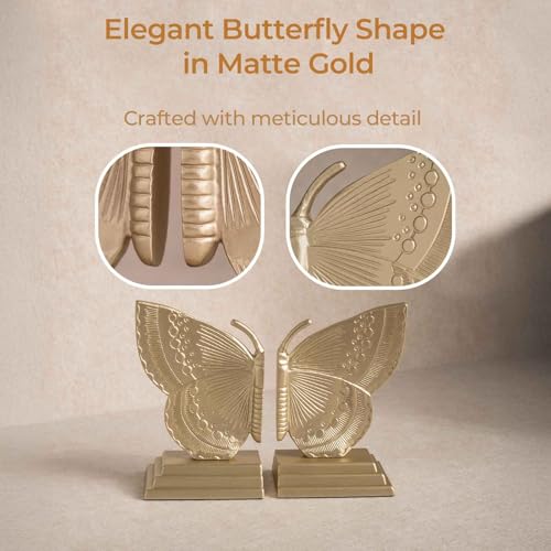 Decorative Butterfly Bookends, Muted Matte Vintage Gold Heavy Duty Metal Book Ends with Non-Slip Felt Base, Shelf Organizer for Home and Office