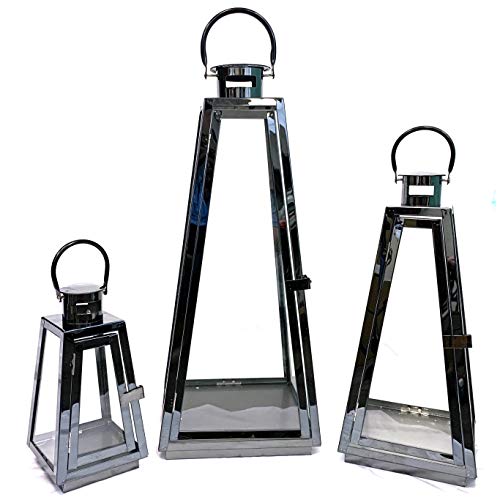 Allgala 3-PC Lantern Set 24 Inch Jumbo Deluxe Modern Indoor/Outdoor Candle Lantern Set Black Stainless Steel Tapered Trapezoid Frame with Tempered Glass for Garden Patio Fireplace Wedding - color: Taper Black