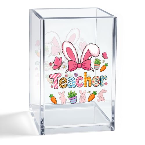 Teacher Acrylic Organizer Pencil Pen Holder, Easter Bunny Makeup Brush Storage Organizer, Easter Desk Accessories Holder for Women Coworker Teacher Educator Mentor Principal Bunny Lovers - style: Teacher A