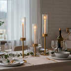Ronasip Hurricane Candle Holders Set of 6, Matte Gold Metal Taper Candlestick Holders with Clear Glass Chimney Cylinder Tubes, Tall Candle Stands for Wedding, Christmas, Dining Table Centerpiece Decor