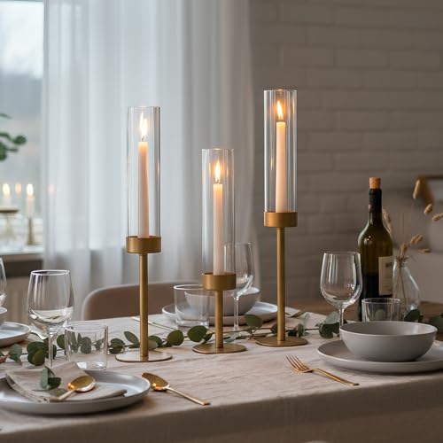 Ronasip Hurricane Candle Holders Set of 6, Matte Gold Metal Taper Candlestick Holders with Clear Glass Chimney Cylinder Tubes, Tall Candle Stands for Wedding, Christmas, Dining Table Centerpiece Decor