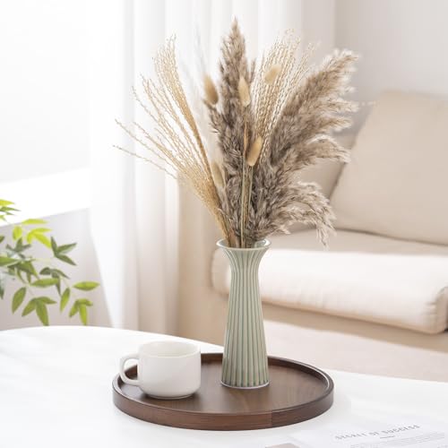 7.68” Vintage Green Ribbed Ceramic Vase, Small Rustic Farmhouse Vase for Pampas Grass, Centerpiece, Coffee Table, Kitchen, Office & Home Decor - color: Rustic Green