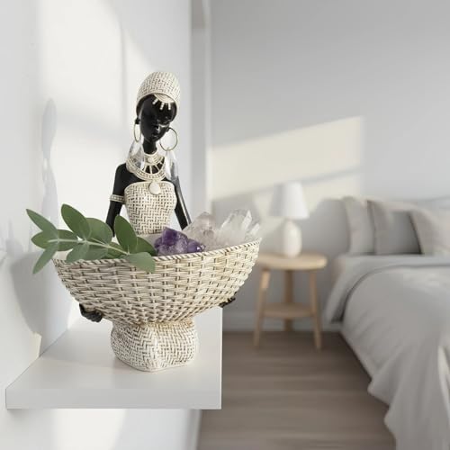 Lescafita Ivory White African Seated Woman Statue - Serene Tribal Figure with Crystal Earrings, Minimalist Resin Home Decor for Shelves/Desks (9" H) - color: 301-white
