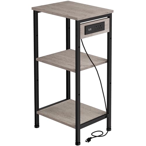 Asgolion Tall End Table with Charging Station, 3 Tier Narrow Beside Table with Adjustable Shelf, Tall Side Table Nightstand for Bedroom, Living Room Coffe Table, Office, Greige - color: Greige, style: With Outlet