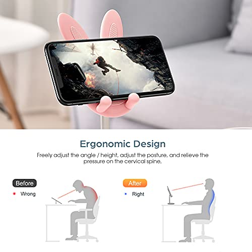 Cute Bunny Cell Phone Stand for Desk, Height & Angle Adjustable, Anti-Slip Desktop Phone Holder, Universal for All 4-10" Mobile Phones & Tablets (Pink) - color: Pink