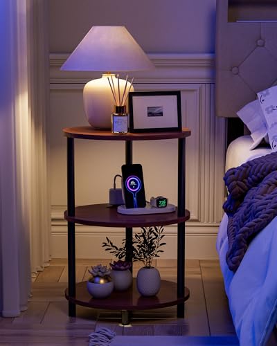 Small Round Side Table - 3-Tier Oval Accent Table for Small Spaces, Rustic Wood and Metal Nightstand for Living Room or Bedroom, with Built-in USB Ports and Power Outlet, Rustic Walnut - color: Rustic Walnut, size: 1-Pack, style: Includes Power Outlets