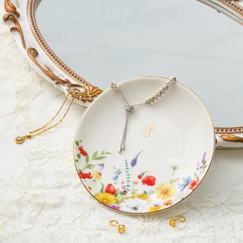 Crisky Flower Jewelry Tray Ring Dish & Gift Box, Ceramic Trinket Dish for Rings Earrings Necklaces Keys, Bridal Shower Engagement Birthday Gift for Women, Friends 4.57" (Gold Foil R - style: Initial R