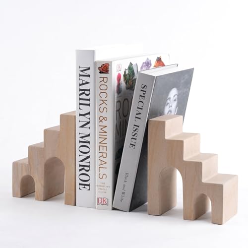 Natural Marble Book Ends for Shelves, Decorative Stone Bookends for Heavy Books, Aesthetic Castle Book Holder/Stopper for Chic Home, Office, or Library Decor, Ideal for Any Bookshelf, Set of 2 - color: Huang Sandstone