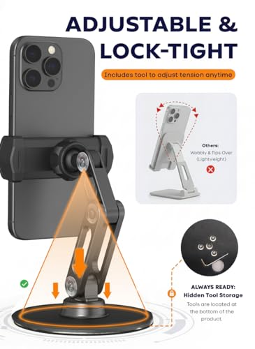 Phone Stand for Desk - Adjustable Height and Angle Foldable Cell Phone Stand Holder, No Dropping Stable Triple-Clamp Holder, Adjustable Tightness, Compatible with iPhone Android Phones, White