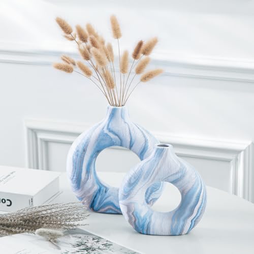 Blue Vases Set of 2, Ceramic Donut Vase for Home Decor, Hollow Modern Boho Centerpiece for Table Shelf Mantel, Unique Blue and White Ring Vases for Pampas Grass or Fresh Flowers - color: Blue Ocean