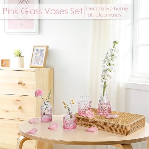 TBWIND Pink Glass Bud Vases Set of 12, Vintage Mini Vases for Centerpieces, Glass Bud Vase in Bulk for Wedding Decor, Single Flowers, Office and Home Table Flower Décor - color: 12pcs-pink