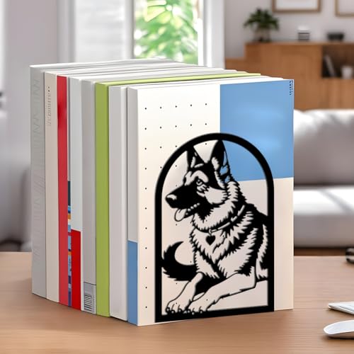WADORN 1 Pair German Shepherd Metal Decorative Bookend for Shelves, Heavy Duty Book Ends Modern Non-Skid Books Holder Stand Black Book Support Stoppers for Desk Bookshelf Office, 5.3x4.3x7.8 Inch - color: Black