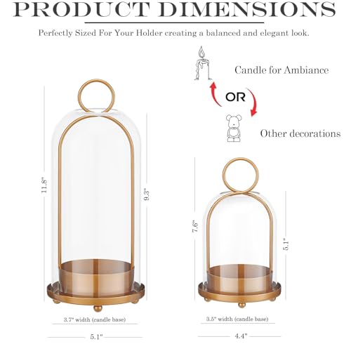 Hurricane Glass Candle Holders for Pillar Candles Set of 2 (5" & 4" Wide), Gold Metal Candlestick Holders, Modern Decorative Centerpiece Lanterns for Table Mantel Wedding Housewarming Gift - color: Gold
