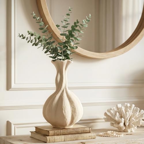 DOWAN Ceramic Flower Vase, 10" Decorative Pampas Vase for Home Decor, Modern Farmhouse Pottery Vase for Living Room Table Kitchen Bedroom Coffee Desk Entryway Mantel Book Shelf, Soft White - color: Soft White, size: 10 INCH