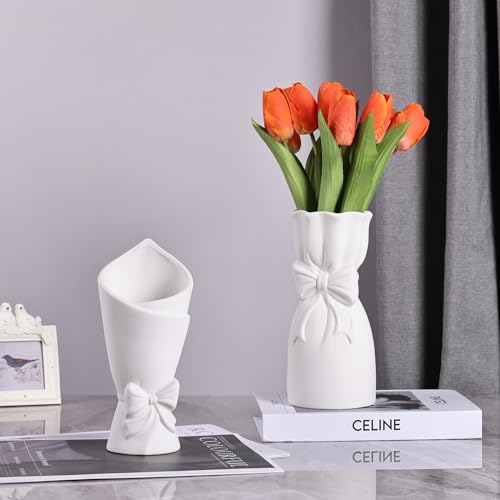 Frosted Porcelain Floral Handmade Vases,Frosted Ceramic vases,Geometric Ceramic Flower Vase for Modern Home Decoration and high-end Wedding,Matte Frosted Texture Bud Flower Vase (2pcs Set) - color: 2pcs Set