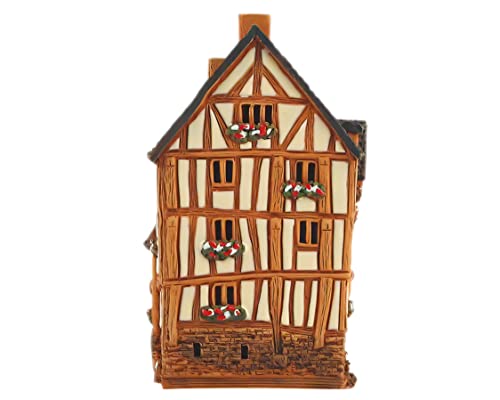Ceramic Art Handmade Tealight Candle Holder Room Decoration Handcrafted Collectible Miniature Aroma Light House Traditional Half-Timbered Houses in The Old Town of Rennes, France B299AR*