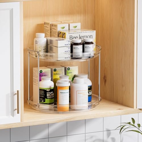 LAMU Rotating Makeup Organizer for Vanity, 10.6in 2 Tier Lazy Susan Turntable Stackable Spinning Skincare Organizer Cosmetic Perfume Tray Display for Bathroom Counterop, Large Capacity, Clear - color: Clear, size: 10.6in 1 Pack