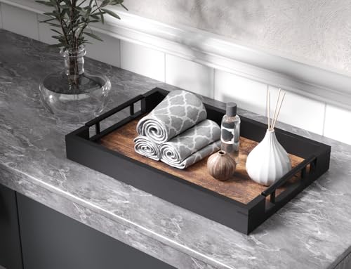 Fibogollo Wooden Serving Tray with Metal Handles,15x9.8in Ottoman Decorative Trays Platter for Coffee Table,Living Room,Bar,Party,Medium - size: 15" x 9.8" x 2"