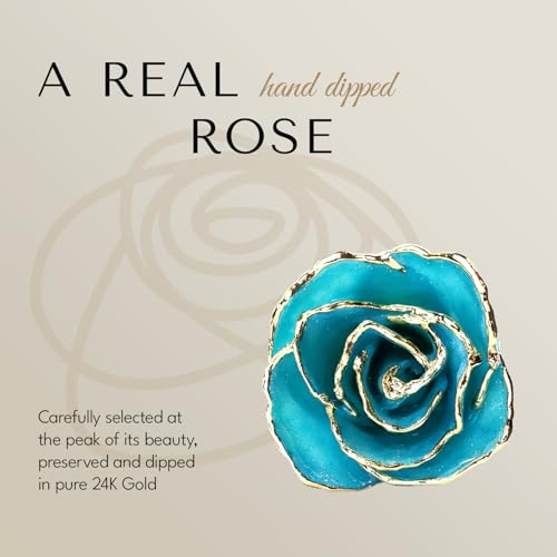 Forever Rose Hand-Dipped in 24K Gold, Aquamarine-Inspired March Birthstone with Sparkles, Real Rose in Luxury Gold Gift Box & Clear Glass Bud Vase – Perfect Ready for March Birthday or Any Occasion - color: March Aquamarine Sparkle