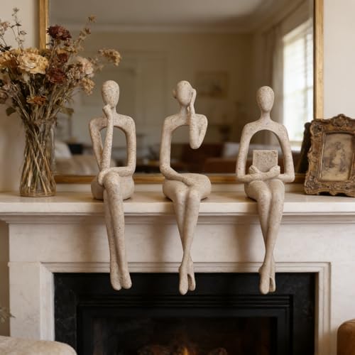 3Pcs Sandstone Resin Thinker Statue Accents Reading Women Sculptures, Abstract Art Ornament,Modern Neutral Home Decoration for Living Room Office Shelf Table Desk Bookshelf Décor