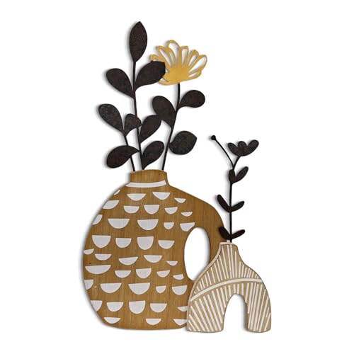 WOPARTY Rustic Metal and Wood Flowers Wall Art, Bohemian Vase with Flower Design, Black and Gold, 16.2x10 Inch, Farmhouse Wall Decor Home Bedroom Dining Room Housewarming