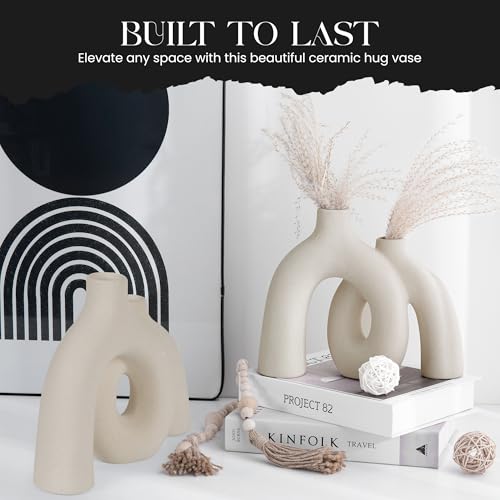 Ceramic Hug Vase (Creamy White) Modern Donut Style Hugging Vases for Flowers Minimalist Decor – Hollow Ceramic Waterproof Home Decor Vases for Living Room, Bed Room, Book Shelf, Entryway, Table - color: Creamy White