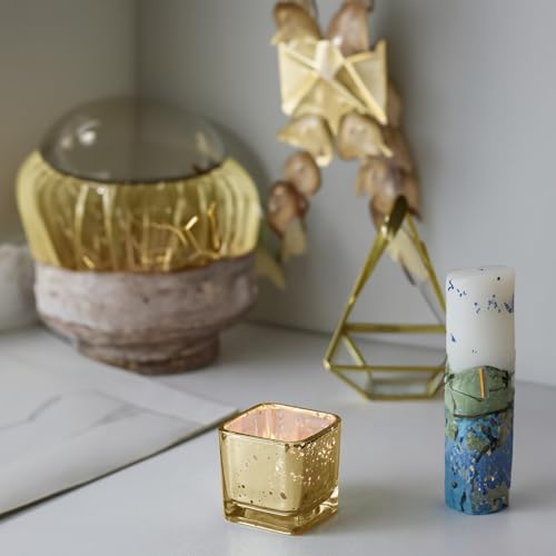 WGV 2 Inch Gold Speckle Square Cube Glass Votive Candle Holder, Small Tiny Mercury Tea Light 2x2”, 1 Pc - color: Gold-square-2"