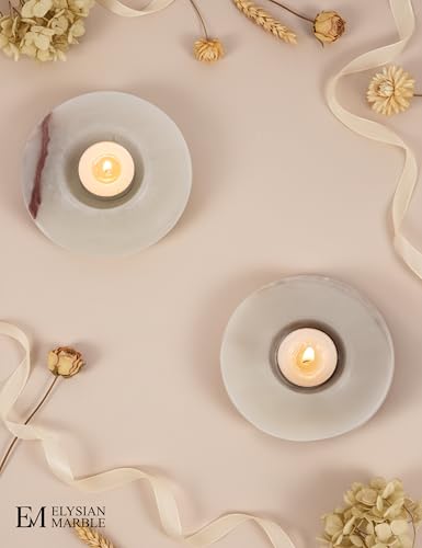 Tealight Candle Holders Set of 2 – Handcrafted Natural Marble Tea Light & Votive Holders, Decorative Stone Candle Holder Pair for Home Décor, Dining Table, Coffee Table & Wedding Decor - color: White Onyx, size: 4" Inches
