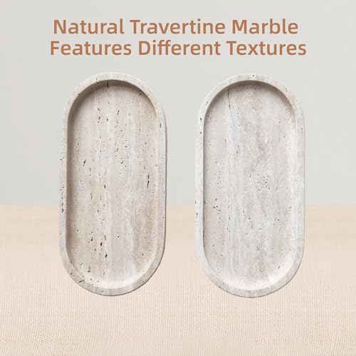 Oval Travertine Tray 4.8 in x 9.8 in for Bathroom Dresser Countertop Organizer, Natural Marble Vanity Tray for Perfume, Candles, Ring, Decorative Jewelry Dish