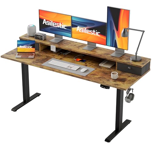 Agilestic 63 x 24 Inches Height Adjustable Electric Standing Desk with 2 Drawers, Stand Up Electric Desk Adjustable Height, Sit Stand Computer Gaming Table with Splice Board, Rustic Brown - color: Rustic Brown, size: 63 x 24 Inches with 2 drawers