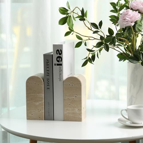 Koville Italian Travertine Bookends for Shelves, Decorative Book Ends, 7lbs Heavy-Duty Marble Book Holders, Bookshelf Apartment Decor for Normal Books/CD/Video Games(Travertino Romano) - color: Light Beige Travertine, size: 7lb
