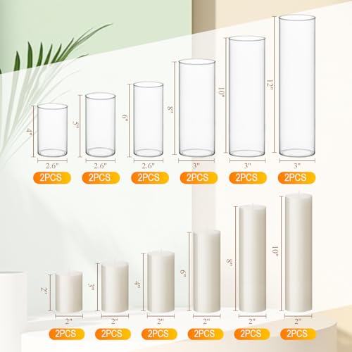 Shihanee Set of 12 Pillar Candles and Glass Cylinder Vases Assorted Sizes Cylinder Holders for Pillar Candles Home Table Centerpieces Wedding Party Decorations (Ivory) - color: Ivory