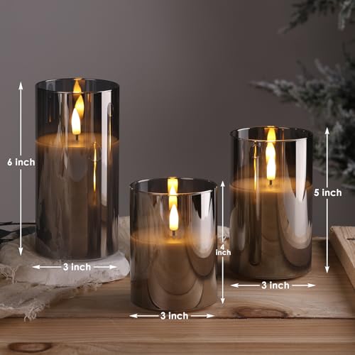 Eywamage Smoke Grey Glass Flameless Pillar Candles with Remote, Flickering LED Battery Candles Table Decor Set of 3 - color: Gray