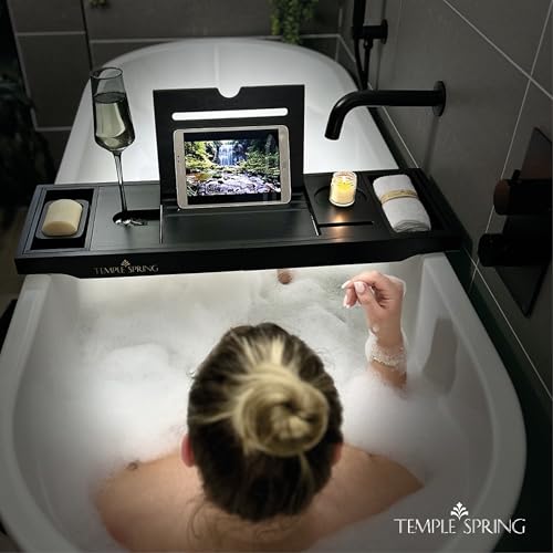Temple Spring Bamboo Bathtub Tray Caddy for Tub — Expandable Wood Bath Tray with Solid Book Stand Wine Holder and Non-Slip Pads — Includes Bamboo Soap Dish and Spa Accessories — Luxury Bath Gift Set - color: Black