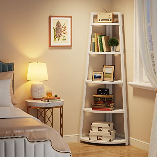 Tribesigns 70 inch Tall Corner Shelf, 5 Tier Modern Corner Bookshelf Bookcase Industrial Corner Ladder Shelf Plant Stand for Living Room, Kitchen, Home Office (White) - color: White