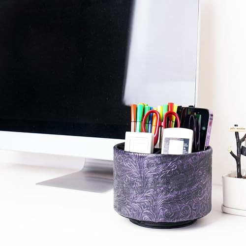 lizimandu Round Leather Art Supply Organizer,Remote Control Holder,360 Degree Spinning,Multi-Functional Pencil Holder,4 Compartments Desktop Stationary Organizer(1-Carved Metal Purple) - color: 1-Carved Metal Purple