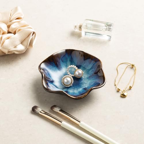 Ceramic Trinket Dish for Jewelry, Lotus Leaf Shape Small Ring Dish Tray, Jewelry Dish Organizer for Necklace Earrings, Home Decor Gift for Mom Best Friend Sister (blue) - color: blue