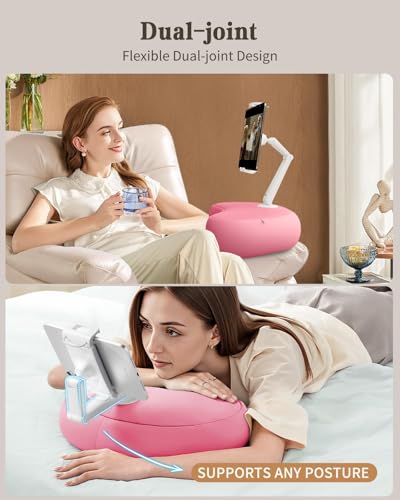 SAIJI Tablet Pillow Stand for Bed – iPad & Kindle Holder with Flexible Dual Axis Arm & Microbead Cushion, 360° Adjustable Lap Beanbag Phone Holder Fits Devices with 4.7"–15.6" Screens (Pink) - color: Pink