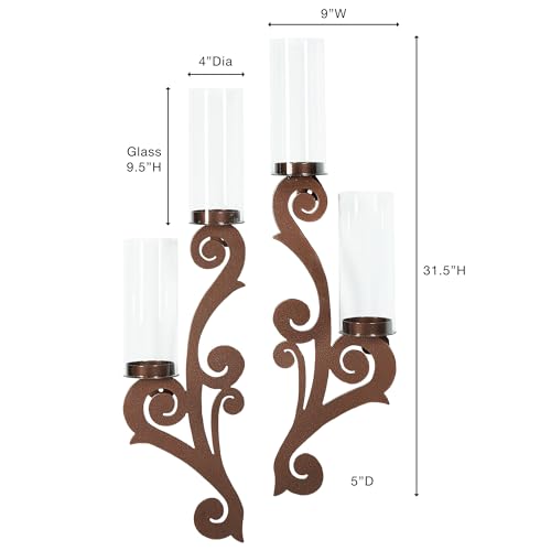Augustine Scrollwork Candle Wall Sconce Pair | Antique Copper | Metal Designs with Included Hurricane Style Glass Candleholder - color: Antique Copper