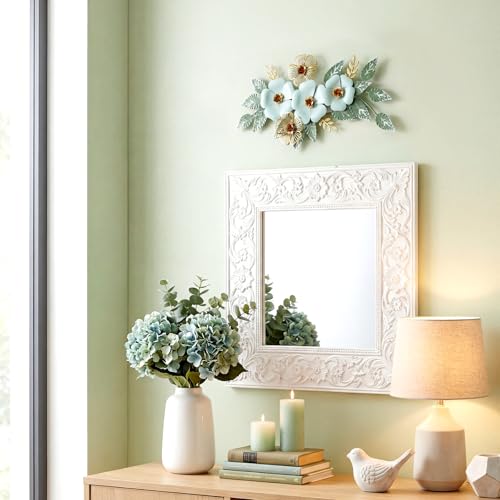 Otoolling 13.7'' Metal Flower Wall Decor, 3D Light Blue & Gold Floral Sculpture with Green Leaves, Hanging Wall Art Accent for Living Room, Bedroom, Bathroom, Home Indoor Outdoor Decoration - style: Classic Style