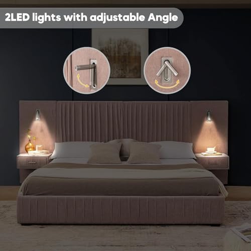 Luxury Queen Size Bed Frame with Oversized Upholstered Headboard, Modern Chenille Upholstered Platform Bed Frame with Gold LED Lights, Nightstands, No Box Spring Needed, Pink - color: Pink, size: Queen