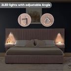 Luxury Queen Size Bed Frame with Oversized Upholstered Headboard, Modern Chenille Upholstered Platform Bed Frame with Gold LED Lights, Nightstands, No Box Spring Needed, Pink - color: Pink, size: Queen
