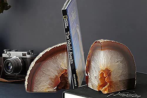 AMOYSTONE Agate Book Ends Shelves Decorative Geode Bookend Large Crystal Bookends Quartz Decor Nature Brown with Rubber Bumpers(1 Pair, 4-6 LBS) - color: Nature, size: 4-6LBS