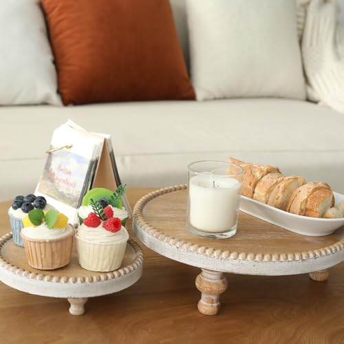 SwallowLiving Rustic Set of 2 Round Wood Tray Riser Farmhouse Pedestal Stand with Beaded Edge for Decor Wooden Finish Cupcake Display for Cakes and Decorative Items 11.8/7.5 inches - color: Set of 2 Burlywood