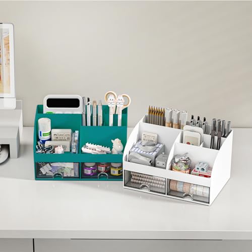 COMFYROOM Desk Organizer with 6 Compartments and 2 Drawers, Plastic Makeup Organizer, Pen Holder for Desktop Storage, Desk Organization for School, Home, Office Supplies (Dark Green) - color: Dark Green