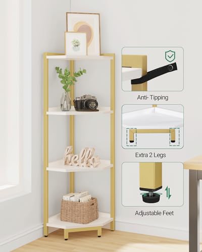 Hzuaneri Corner Shelf Stand, Corner Bookshelf, Storage Standing Shelf Unit with Metal Frame, Plant Stand, Bookcase for Living Room, Home Office, Bedroom, 4-Tier White Gold CS05803A - color: White Gold, size: 4 Tier