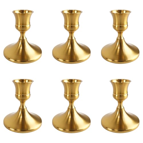 Vintage Brass Gold Taper Candle Holders Set of 6, Metal Candlestick Holders Elegant Handcrafted Décor for Weddings, Dining & Meditation,Table Centerpiece, Party, Christmas Decoration or Home Decor - color: Brass Gold, size: 6PC