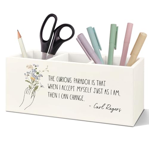 SNNDER Psychology Gifts for Women Pen Holder for Desk, Therapist Psychotherapist Social Worker Gifts Wooden Pen Pencil Holder Organizer for Therapist Counselor Office Desk Accessories - color: accept myself
